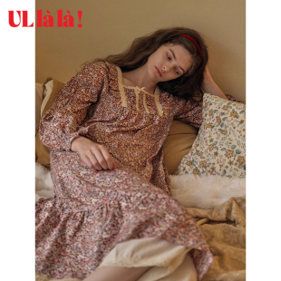 Ullala韩国乌拉拉秋季 纯棉舒适甜美家居裙 新品 女方领碎花睡裙长袖