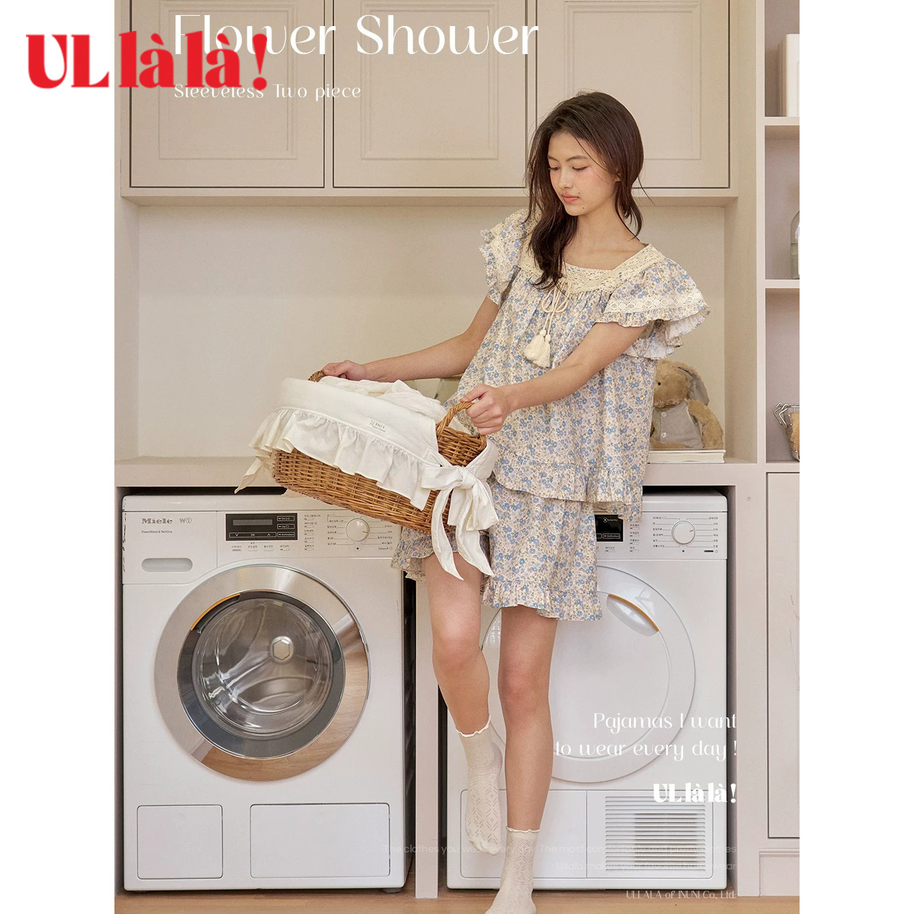 Ullala文艺方领甜美碎花睡衣女夏纯棉吊带短袖短裤减龄家居服套装
