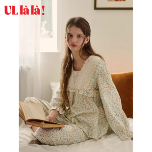 Ullala乌拉拉韩国进口甜美纯棉睡衣套装女秋冬家居服休闲娃娃领