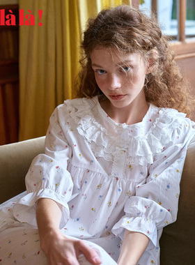 Ullala韩国进口女秋冬纯棉家居服睡衣套装薄精致印花薄娃娃领宽松