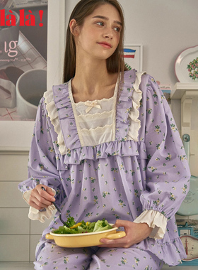 Ullala韩国进口纯棉甜美方领长袖长裤睡衣套装女甜美ins风家居服