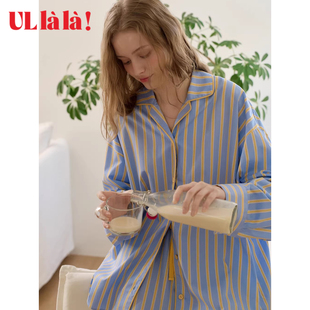 休闲春夏纯棉家居服 短裤 Ullala乌拉拉进口女条纹翻领睡衣套装 长袖