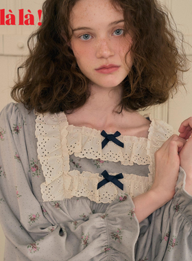 Ullala进口甜美方领睡衣女士秋冬长袖家居服套装法兰绒厚款乌拉拉