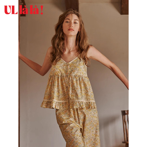 ULLALA乌拉拉韩国女式家居服吊带长裤套装碎花纯棉夏季薄款带胸垫