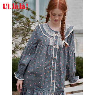 [安妮联名]ullala韩国纯棉甜美睡裙春秋碎花长裙女家居服宽松舒适