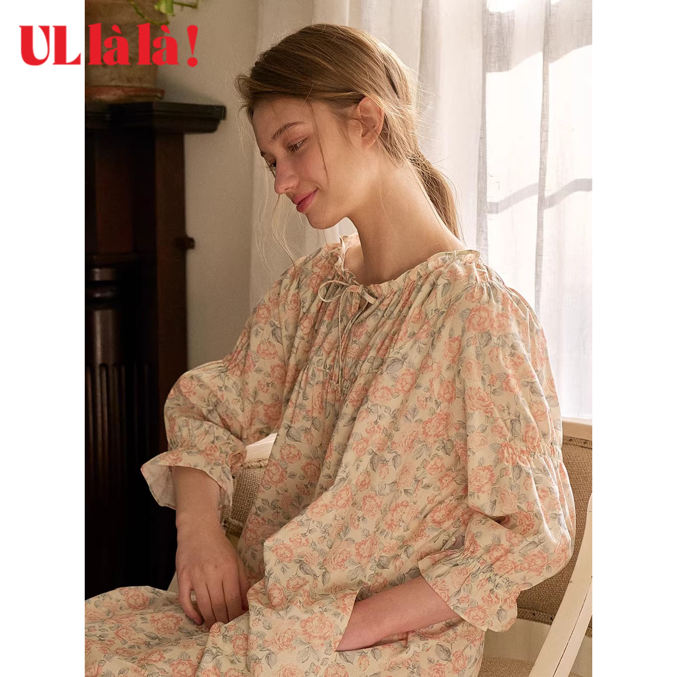 Ullala纯棉碎花春夏七分袖睡裙