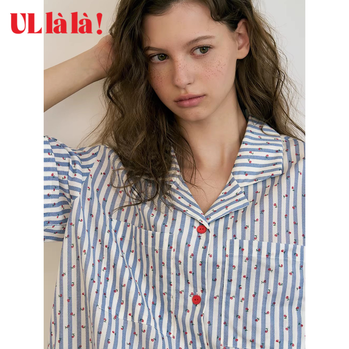 Ullala乌拉拉进口休闲风条纹翻领睡衣女短袖长裤纯棉家居服分码薄