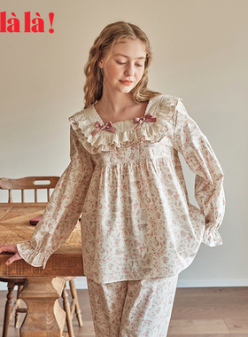 Ullala韩国乌拉拉女纯棉碎花蕾丝方领长袖睡衣睡裤家居服秋冬薄款