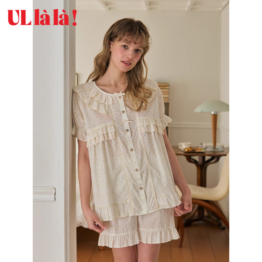 Ullala乌拉拉韩国进口家居服睡衣套装减龄碎花女式夏季娃娃领纯棉