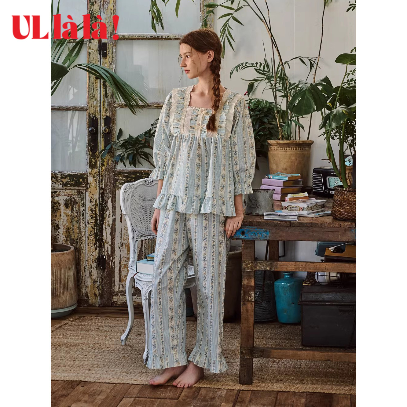 Ullala甜美方领蕾丝家居服套装薄图片