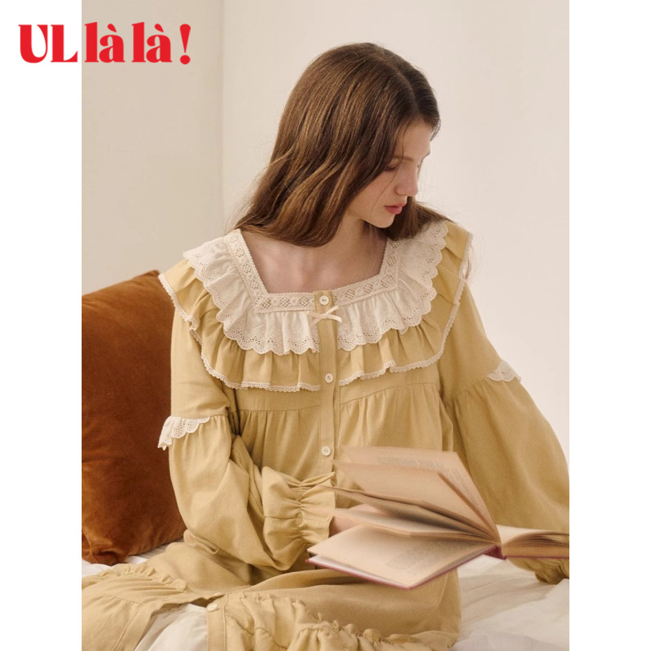 Ullala乌拉拉韩国进口纯棉方领睡裙女秋冬家居服可外穿长裙轻磨毛