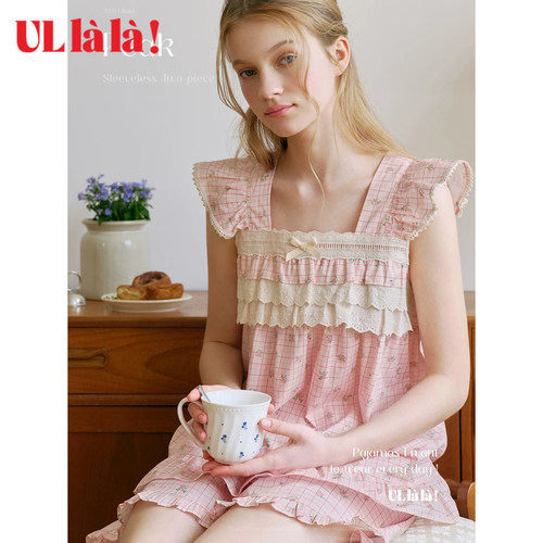 Ullala夏季纯棉女款蕾丝睡衣套装