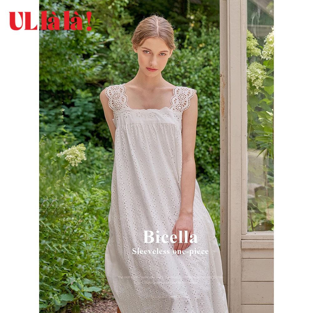 ullala韩国进口乌拉拉长裙甜美宽肩吊带镂空睡裙薄款纯棉家居裙夏