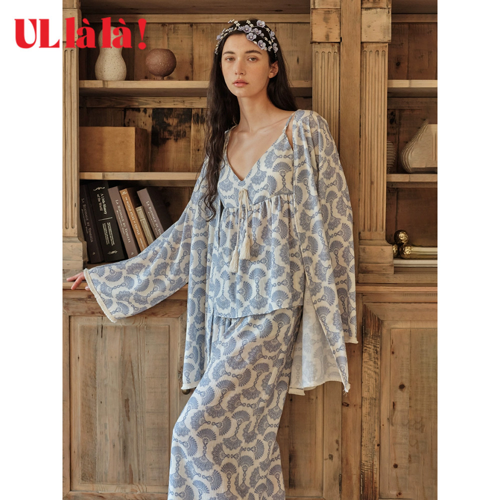 ULLALA韩国夏季睡袍浴袍宽松性感家居休闲服薄款印花仿真丝开衫女
