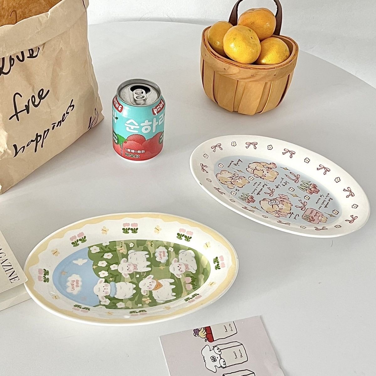 可爱童趣治愈风小羊猫咪插画陶瓷餐盘水果早餐盘椭圆盘好看的盘子