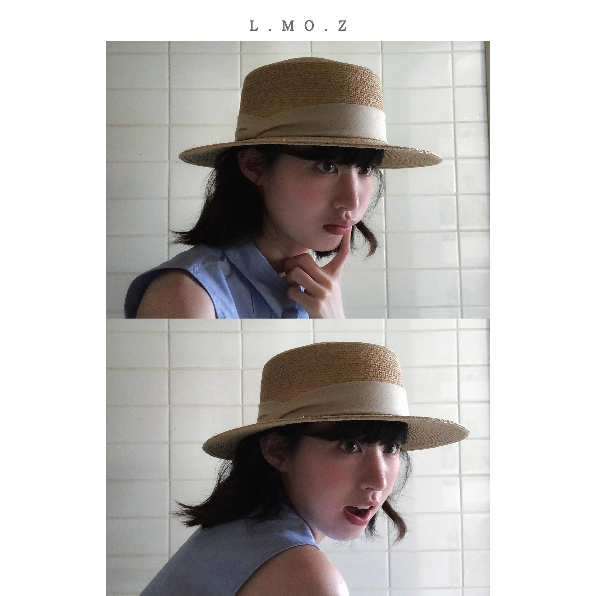 蓝墨竹L.MOZ草帽子平顶女2025新款法式草编织遮阳礼帽夏天大头围