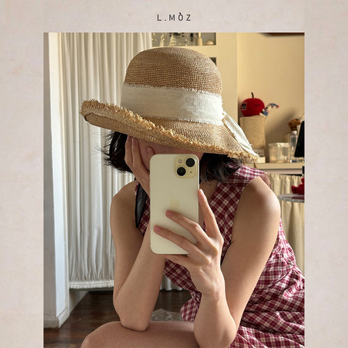 蓝墨竹蝴蝶结拉菲草帽女2025春夏新款海边度假大帽檐防晒帽子