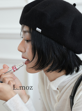蓝墨竹LMO.Z黑色贝雷帽女2025秋冬新款羊毛百搭简约显脸小画家帽