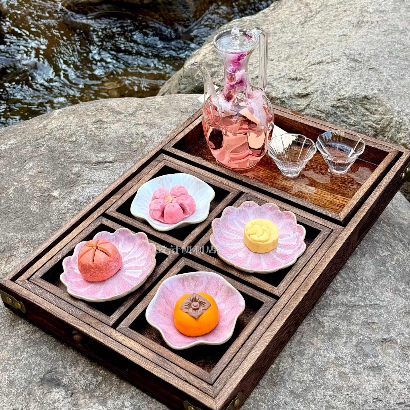 玻璃杯花瓣陶瓷碟中式荷叶茶点盘托盘耐热茶具下午茶桐木茶盘套装