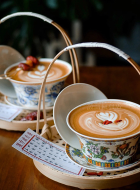 新中式竹篮青花瓷咖啡杯复古陶瓷茶杯茶具火锅店盖碗茶甜品杯子