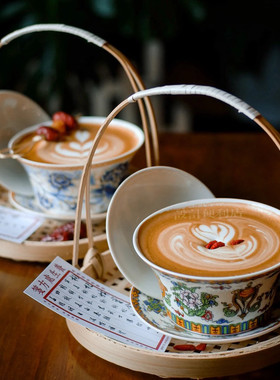 新中式竹篮青花瓷咖啡杯复古陶瓷茶杯茶具火锅店盖碗茶甜品杯子