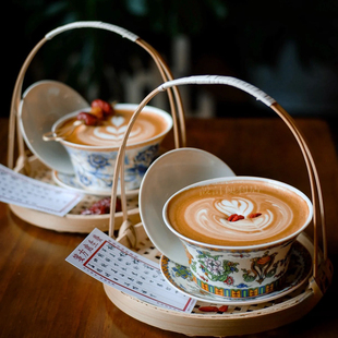 新中式竹篮青花瓷咖啡杯复古陶瓷茶杯茶具火锅店盖碗茶甜品杯子