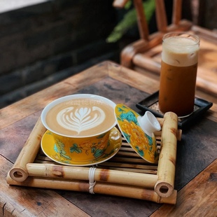 复古中式国风陶瓷盖碗咖啡杯竹篮三才茶杯大炮台容量甜品大茶碗