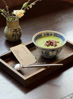 2025新款糖水碗实木中式木托盘青花陶瓷碗福字碗广式小甜汤甜品碗