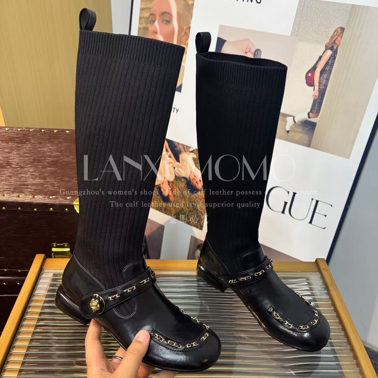 【LANXI  MOMO】时尚百搭黑色秋冬秋冬季长筒廋靴袜靴25CX618LX