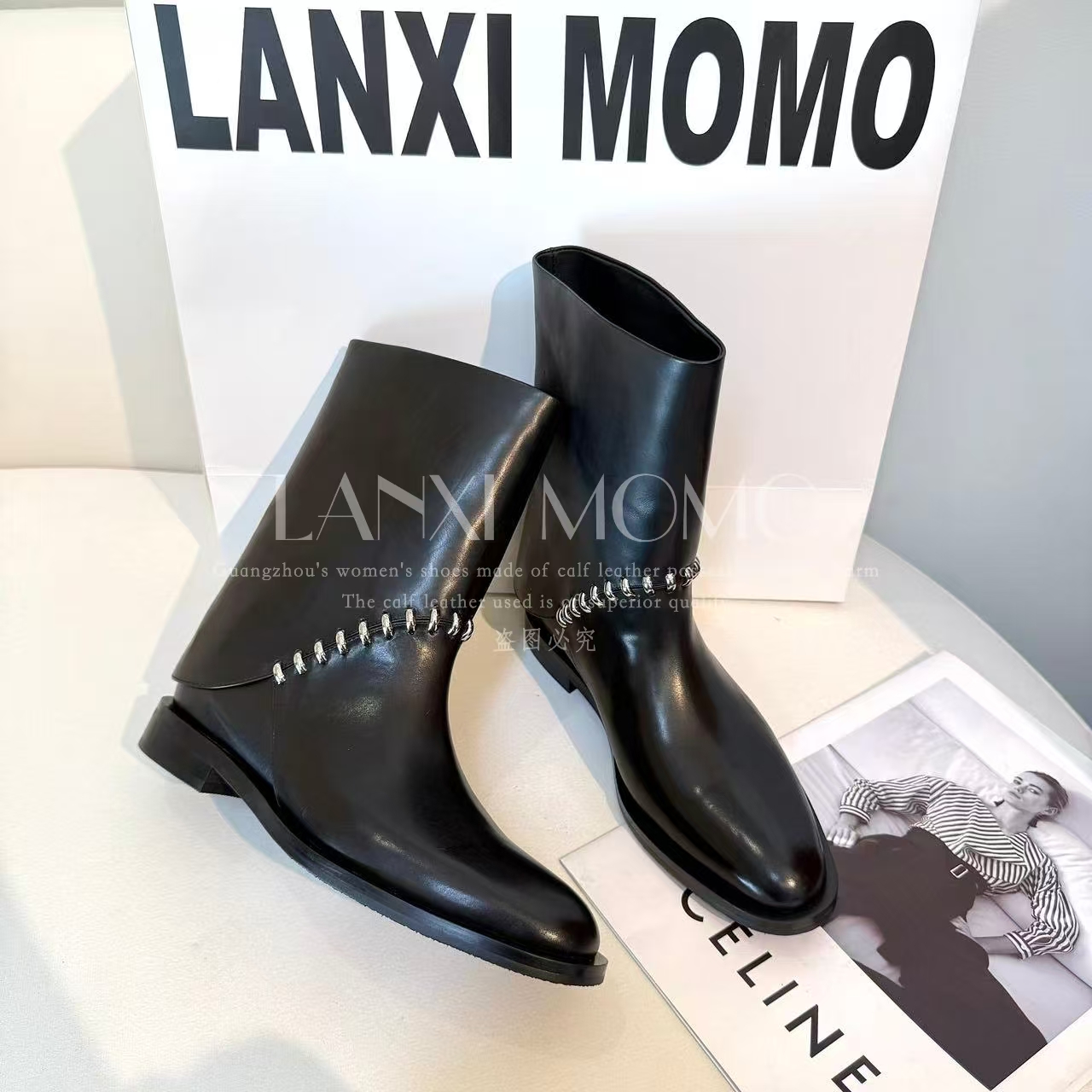 【LANXI  MOMO】时尚百搭女士骑士尖头黑色气质短靴25XZ720LX