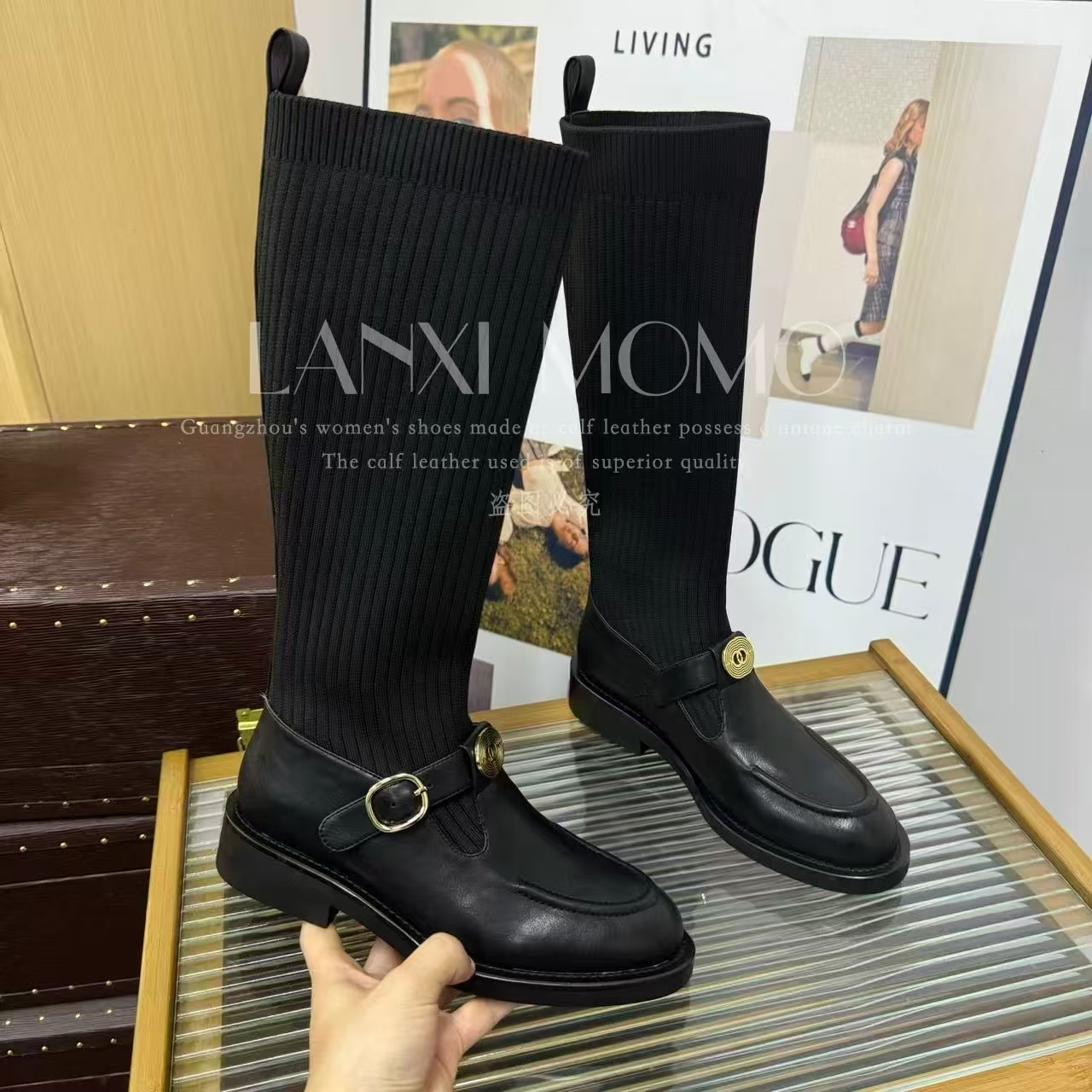 【LANXI  MOMO】时尚百搭英伦风圆头秋冬季长筒靴瘦瘦靴25CX655LX