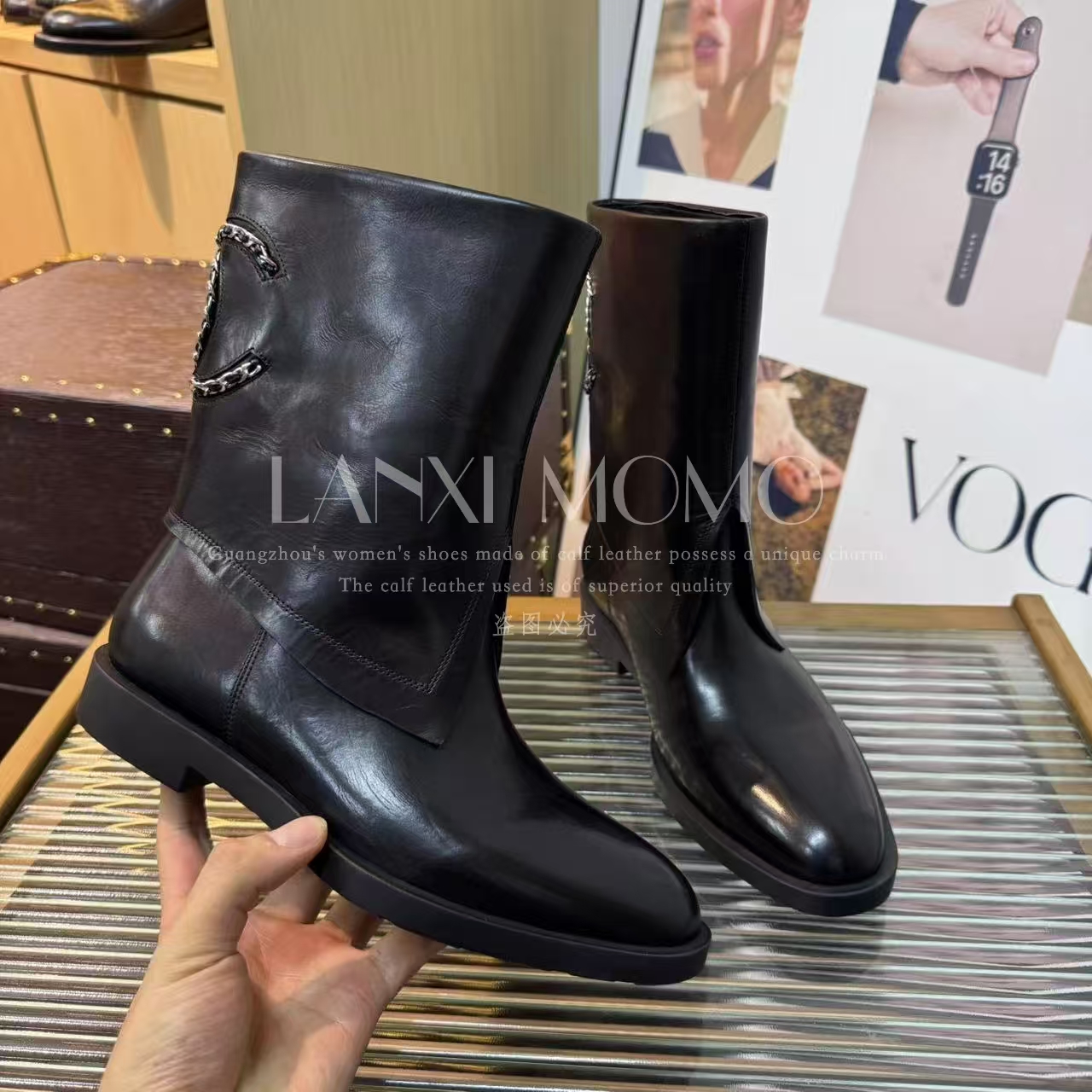 【LANXI  MOMO】时尚百搭女士黑色秋冬尖头短靴25XZ680LX