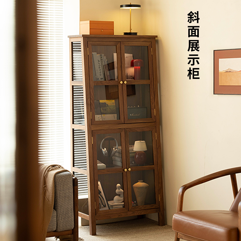 黑胡桃木鞋面手办展示柜带玻璃门