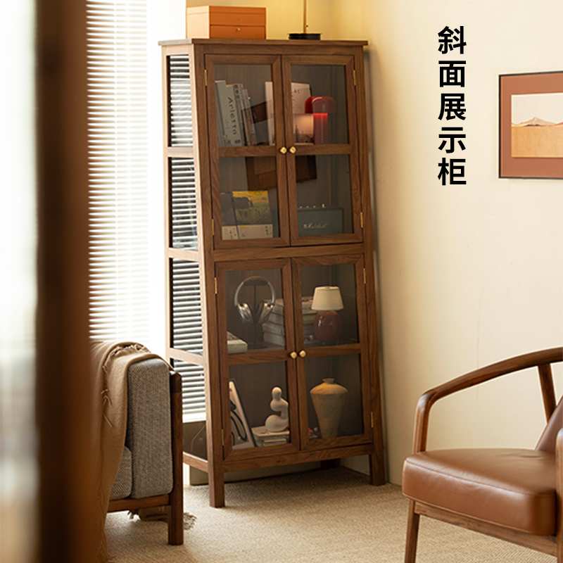黑胡桃木鞋面手办展示柜带玻璃门