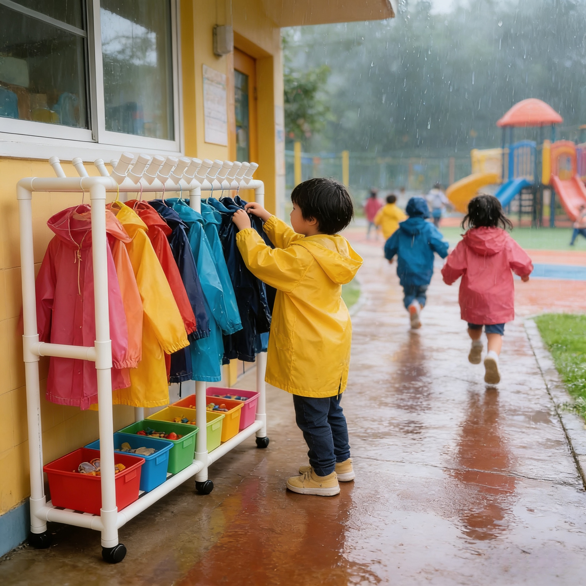 幼儿园雨衣收纳架架DIY幼儿园连体衣架子跳绳收纳架挂衣架pvc架子