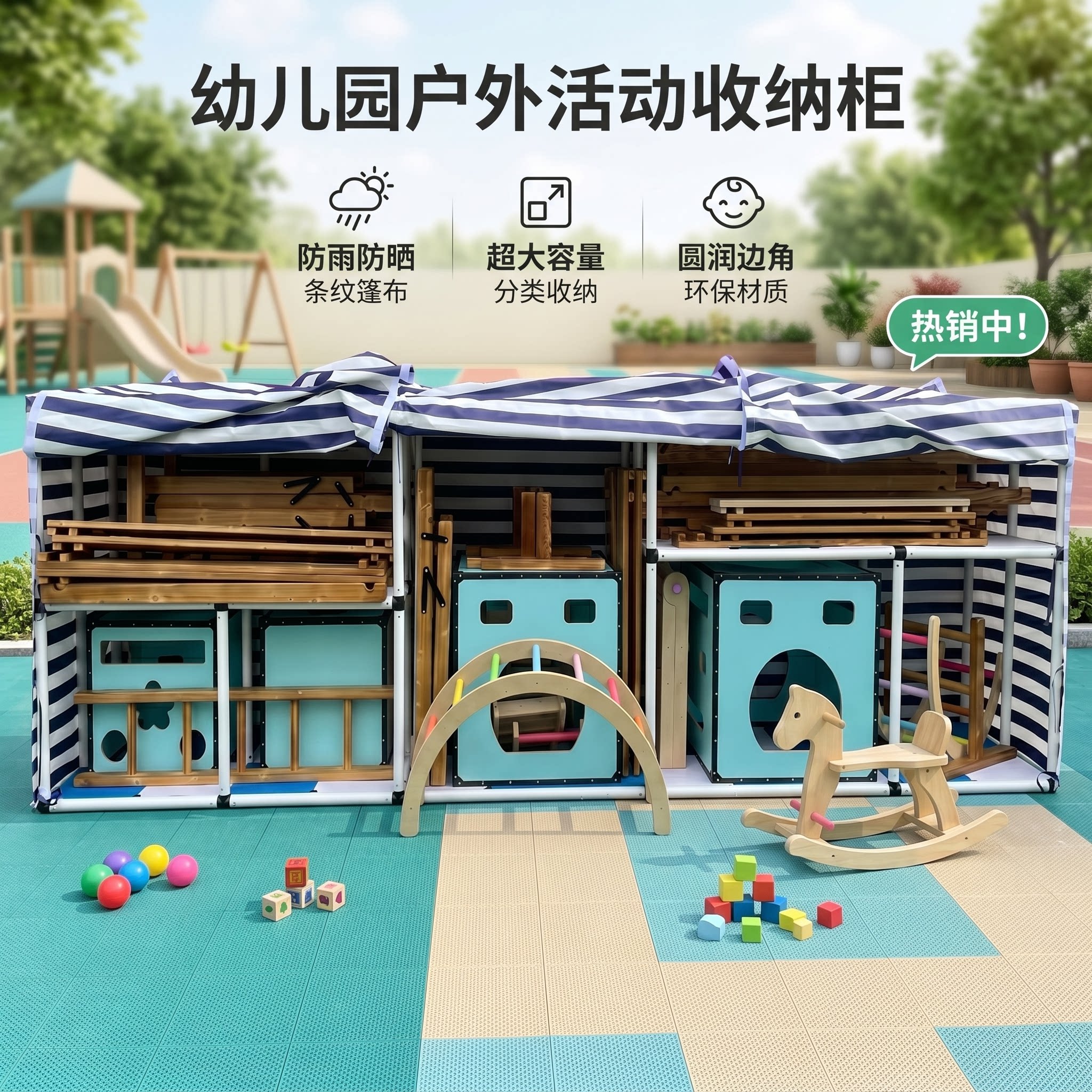 幼儿园户外玩具收纳架带篷布室外防雨器械柜呼啦圈轮胎滑板车收纳图片