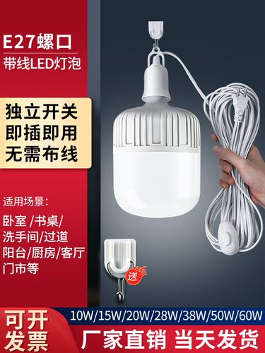带线灯泡led节能灯家用e27螺口超亮电灯悬挂式插头插线开关照明灯