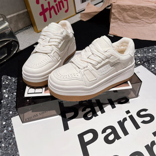 真皮版~欧洲站系带小胖丁厚底松糕加绒休闲鞋板鞋小白鞋擦色女鞋