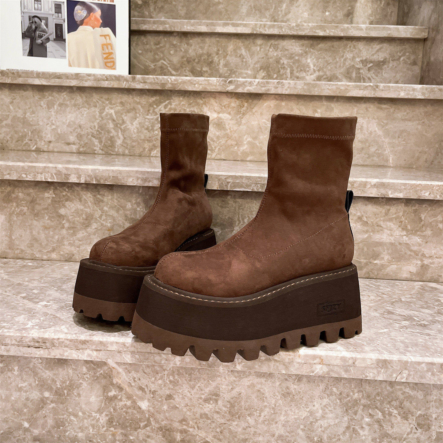 欧货大头弹力靴厚底松糕瘦瘦靴马丁靴短筒靴小个子8cm可可棕女鞋,女鞋,弹力靴/袜靴,淘宝优惠券,粉丝福利购,淘宝优惠卷