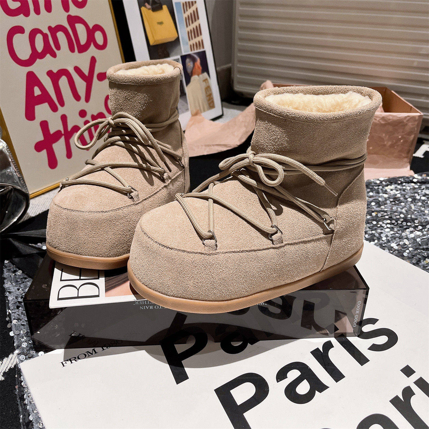 真皮羊毛版欧货系带厚底松糕大头面包鞋卡皮巴拉雪地棉靴短靴女鞋,女鞋,时尚雪地靴,淘宝优惠券,粉丝福利购,淘宝优惠卷