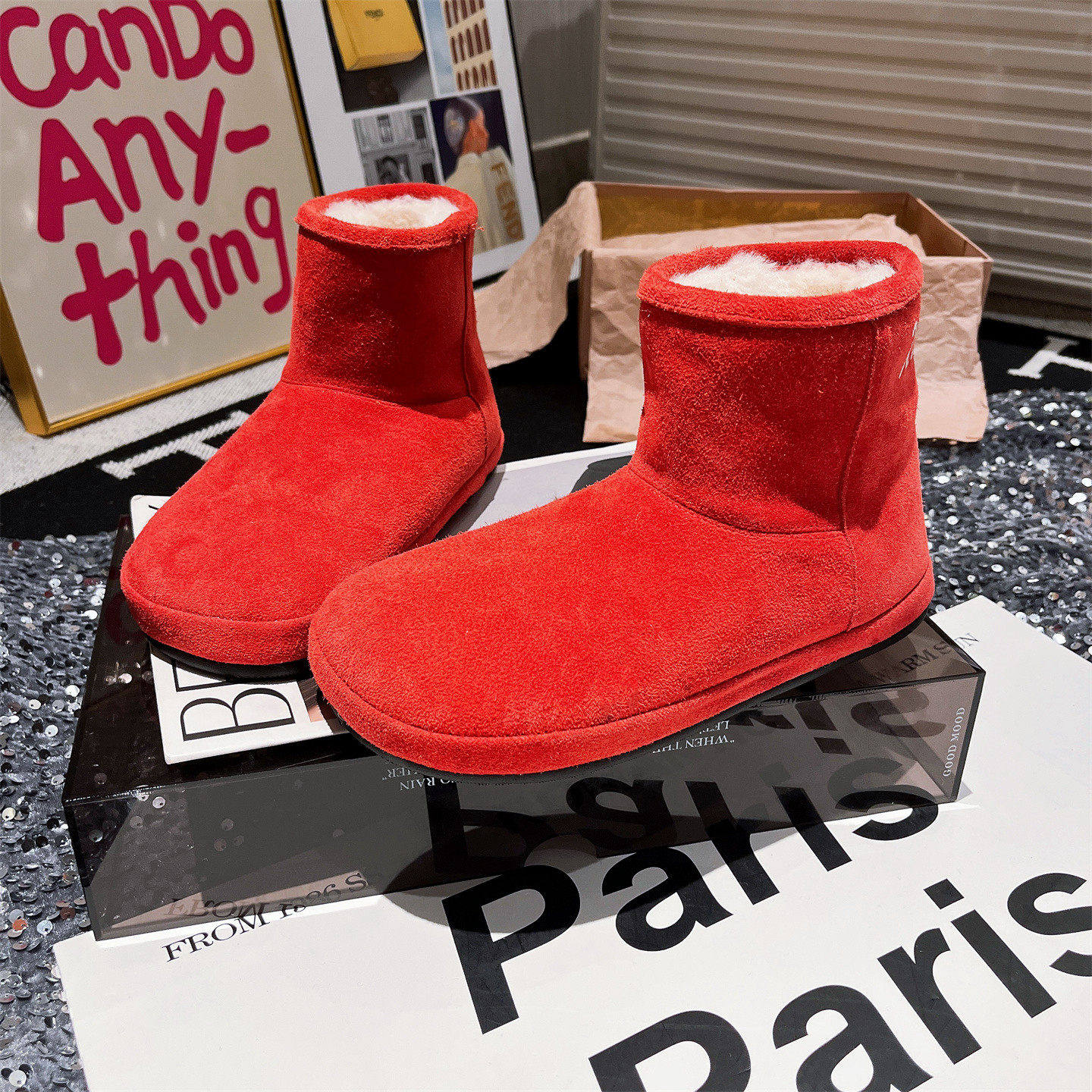 真皮羊毛版~欧洲站丑萌卡皮巴拉涂鸦勃肯鞋雪地棉靴平底红色女鞋,女鞋,时尚雪地靴,淘宝优惠券,粉丝福利购,淘宝优惠卷