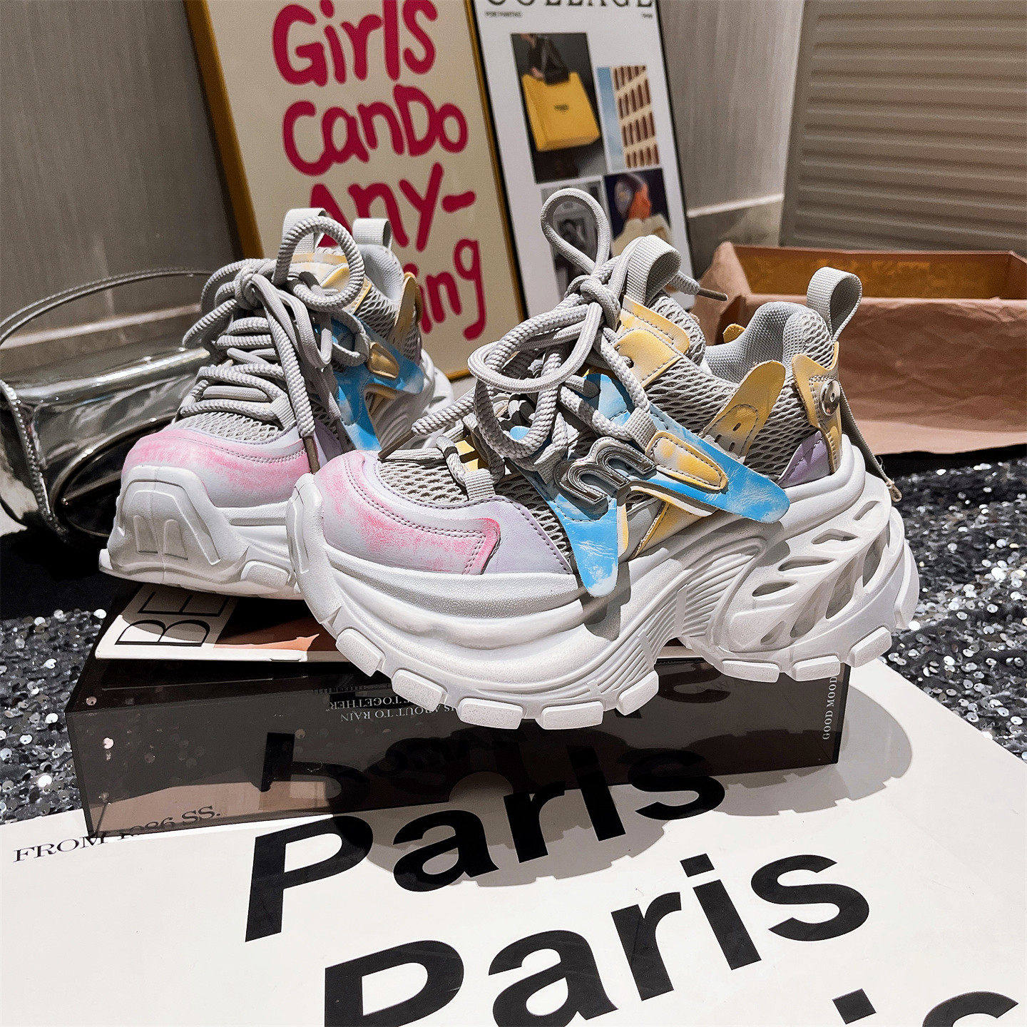 真皮版~小众设计感擦色金属字母m厚底松糕8cm老爹鞋运动休闲女鞋,女鞋,老爹鞋,淘宝优惠券,粉丝福利购,淘宝优惠卷