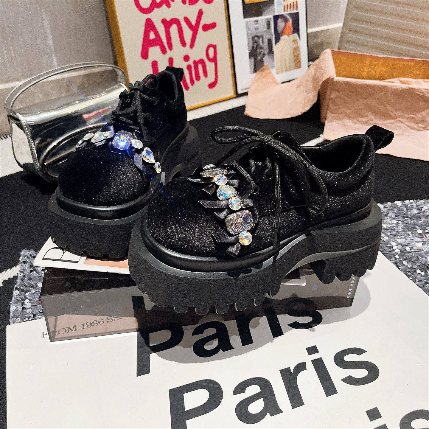 欧货金丝绒系带水钻大头重工蝴蝶结JK小皮鞋乐福鞋小个子7cm女鞋,女鞋,牛津鞋/布洛克鞋/德比鞋,淘宝优惠券,粉丝福利购,淘宝优惠卷