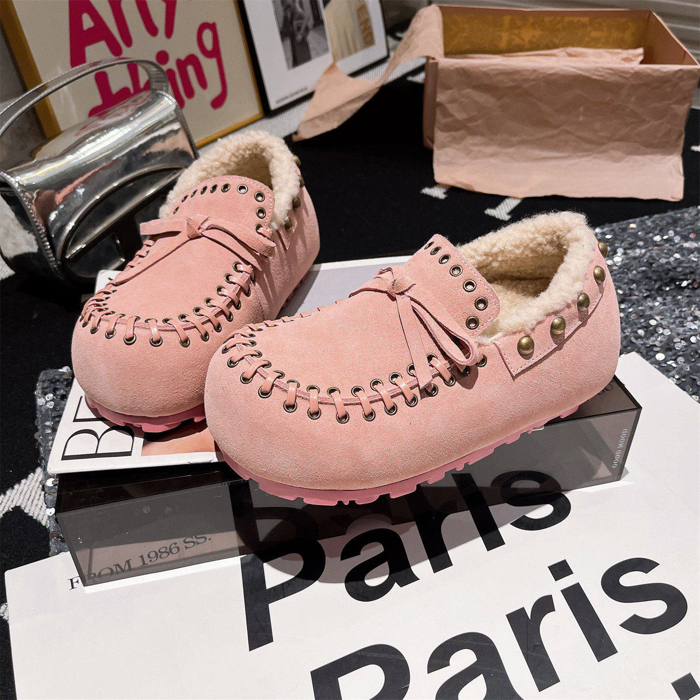 真皮羊毛版~欧货铆钉毛毛鞋蝴蝶结勃肯鞋乐福鞋一脚蹬豆豆鞋女鞋,女鞋,乐福鞋（豆豆鞋）,淘宝优惠券,粉丝福利购,淘宝优惠卷