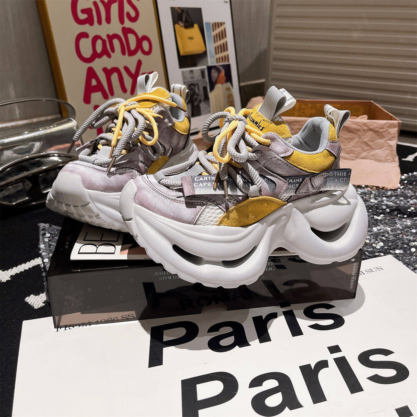 真皮版~欧货擦色做旧系带拼色老爹鞋运动小个子超高跟悬空底女鞋,女鞋,老爹鞋,淘宝优惠券,粉丝福利购,淘宝优惠卷