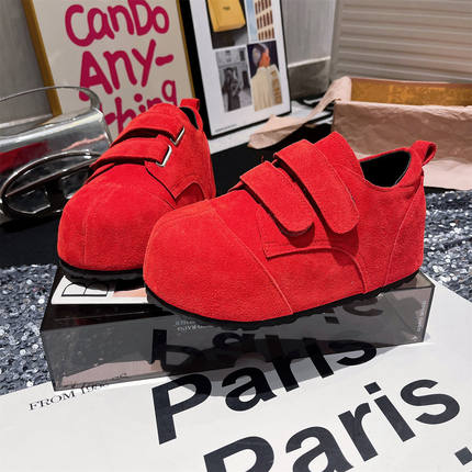 真皮版~欧货新款丑萌面包鞋勃肯鞋小个子内增高红色魔术贴7cm女鞋