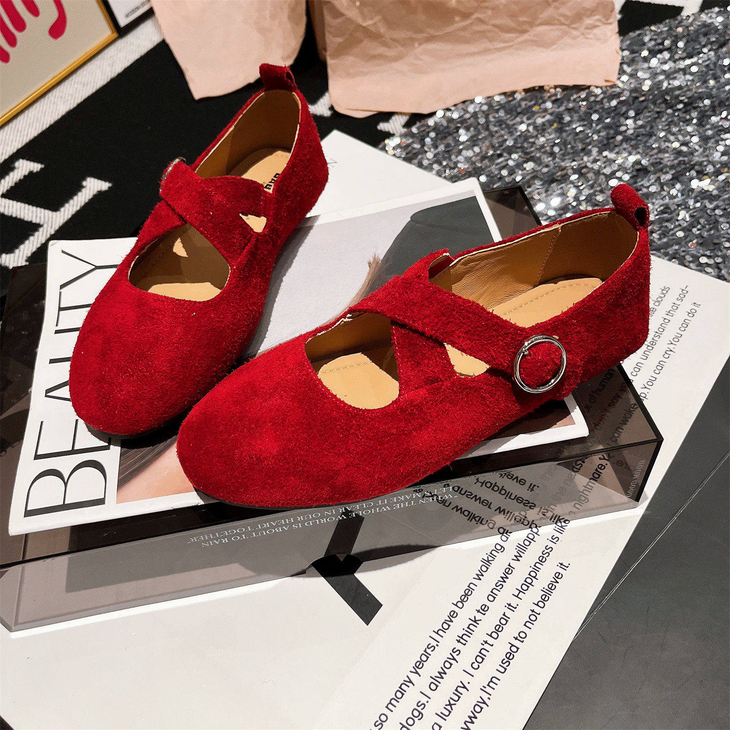 羊皮版~真皮交叉带玛丽珍平底显脚小芭蕾舞鞋浅口勃肯鞋红色女鞋,女鞋,玛丽珍鞋,淘宝优惠券,粉丝福利购,淘宝优惠卷