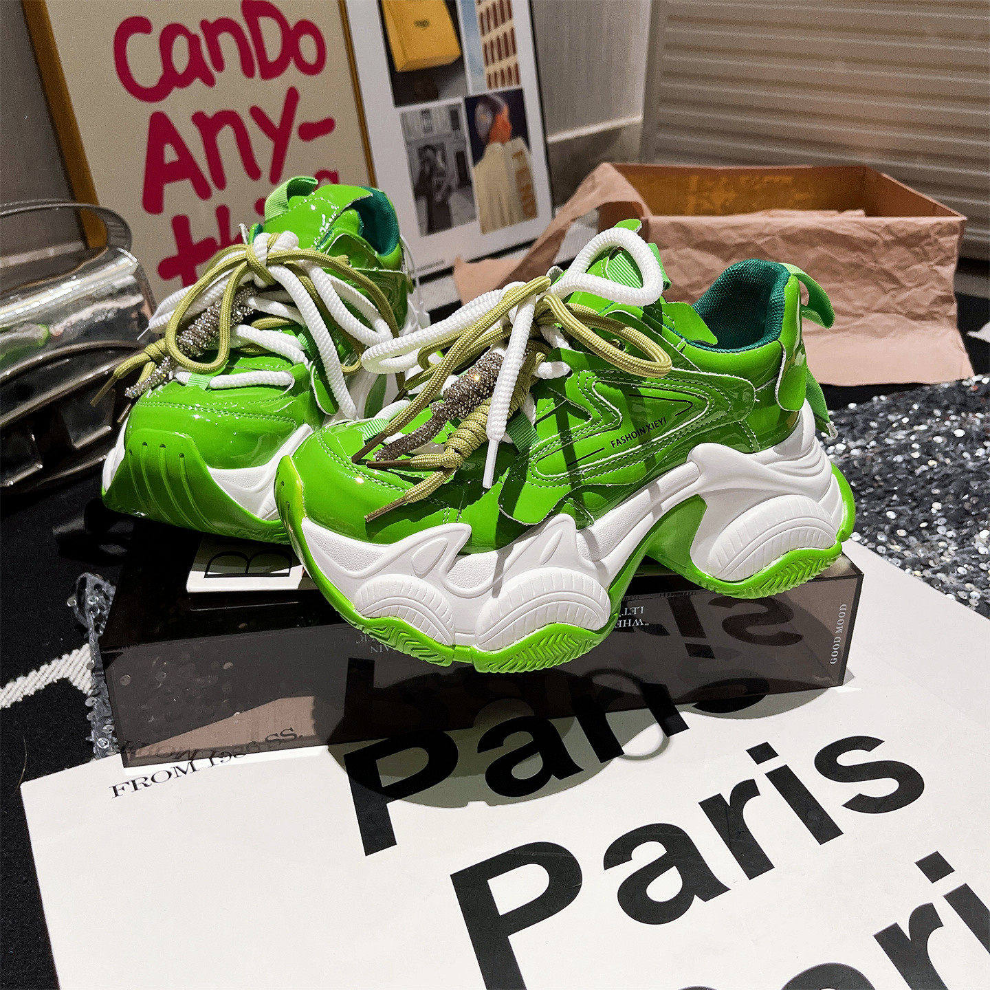 6cm~欧洲站漆皮系带糖果色厚底松糕显瘦老爹鞋运动鞋休闲红色女鞋