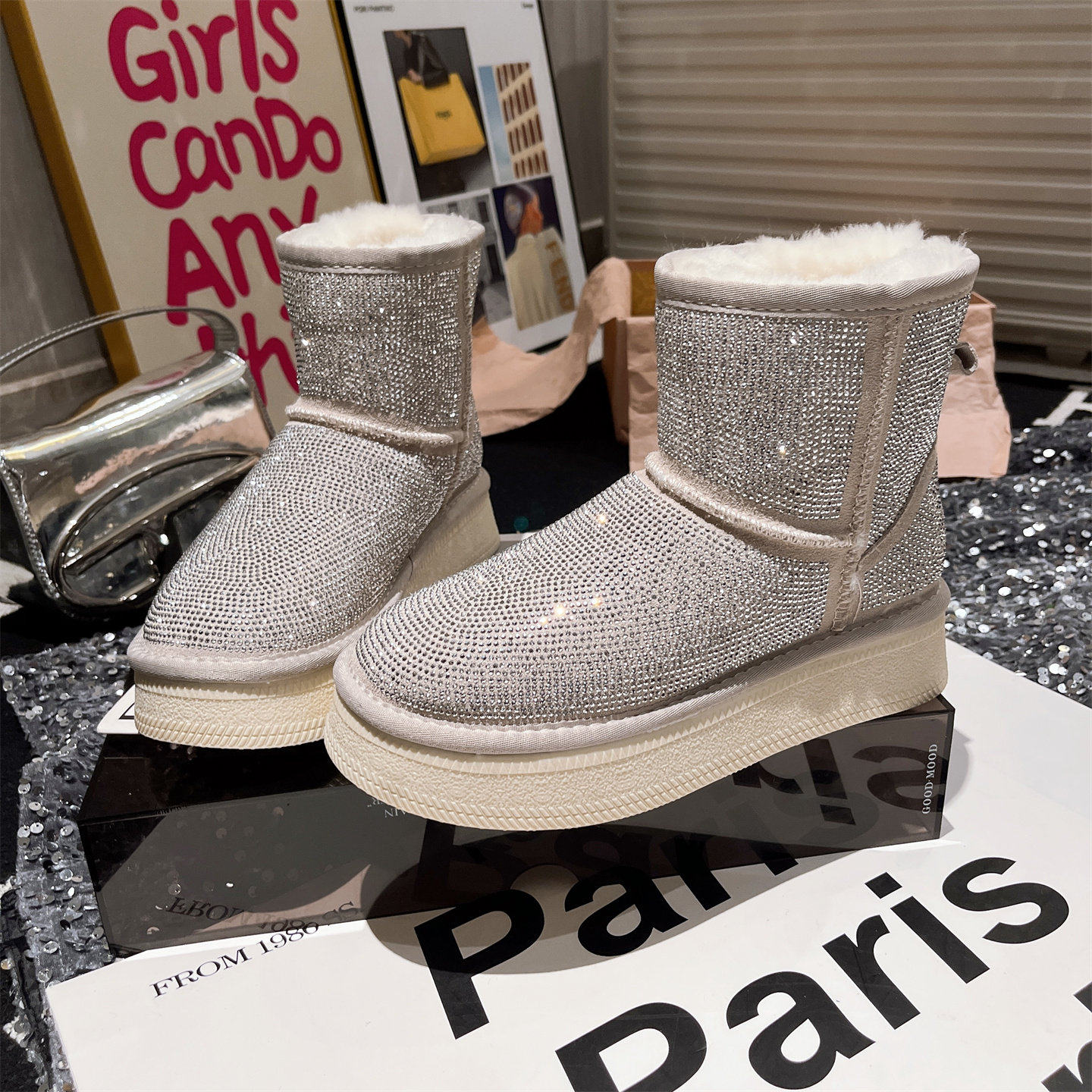 欧货2025年新款水钻满钻满天星厚底松糕雪地棉靴短靴厚底松糕女鞋,女鞋,时尚雪地靴,淘宝优惠券,粉丝福利购,淘宝优惠卷