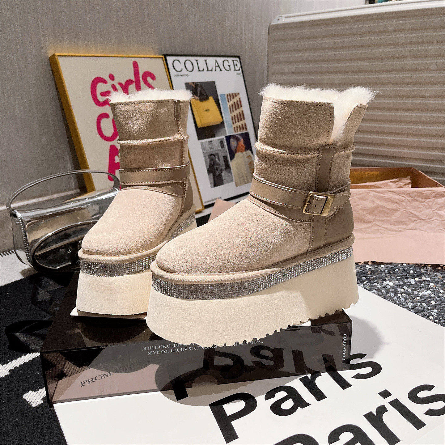 欧洲站冬季真皮羊毛翻领两穿骑士雪地棉靴小个子8cm加厚短靴女鞋,女鞋,时尚雪地靴,淘宝优惠券,粉丝福利购,淘宝优惠卷